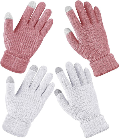2 Pairs Women'S Winter Touchscreen Gloves Warm Fleece Lined Knit Gloves Elastic Cuff Winter Texting Gloves Apparel & Accessories > Clothing Accessories > Gloves & Mittens Geyoga White, Pink  