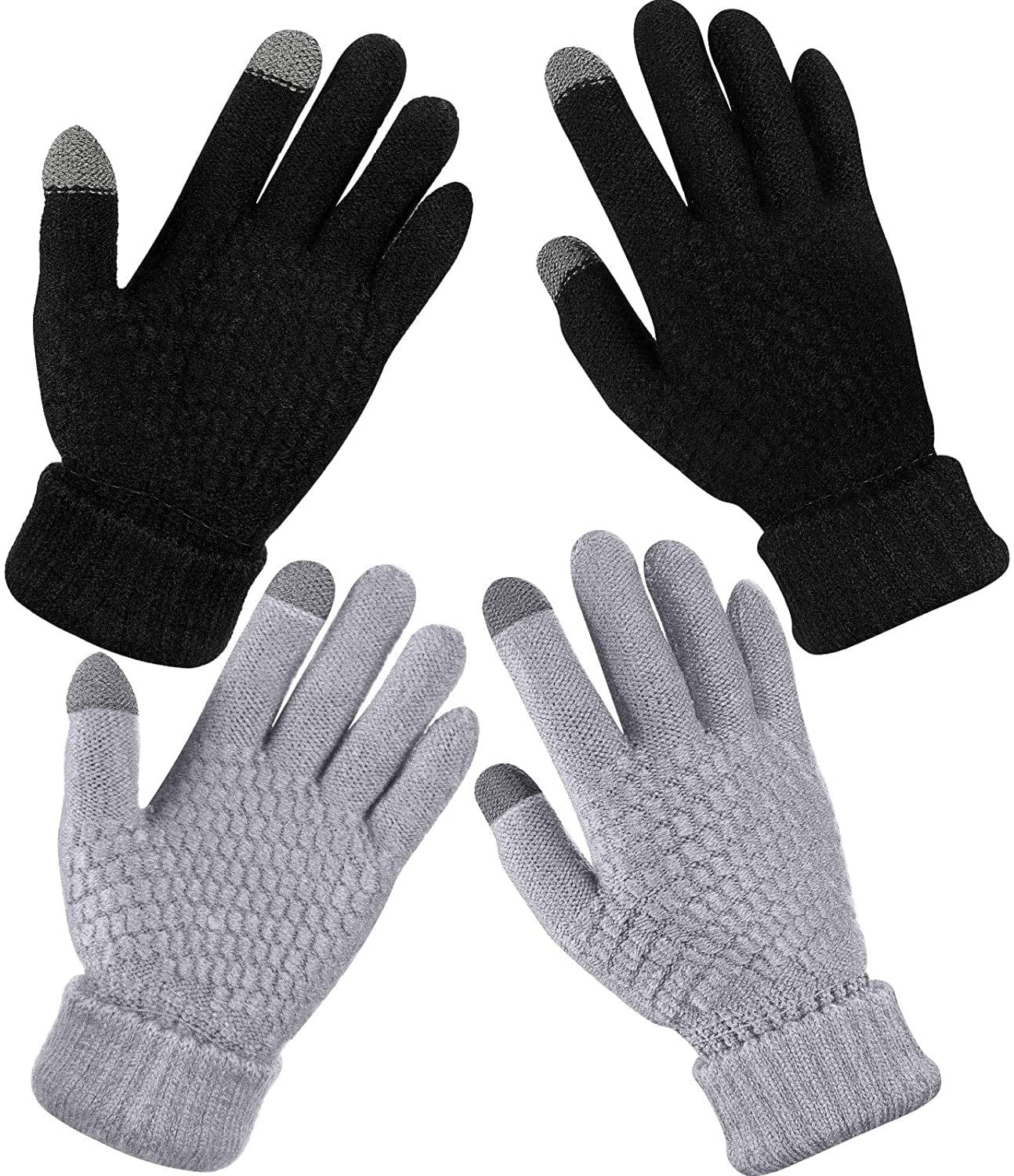 2 Pairs Women'S Winter Touchscreen Gloves Warm Fleece Lined Knit Gloves Elastic Cuff Winter Texting Gloves Apparel & Accessories > Clothing Accessories > Gloves & Mittens Geyoga Black, Gray  