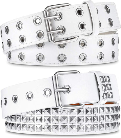 2 Pcs Rivet Studded Punk Belt Double Grommet Belt Gothic Belt for Women Men Gift Apparel & Accessories > Clothing Accessories > Belts Syhood White  