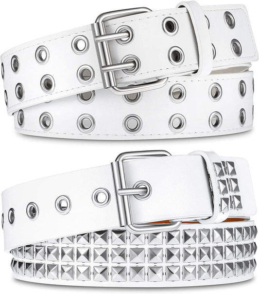2 Pcs Rivet Studded Punk Belt Double Grommet Belt Gothic Belt for Women Men Gift Apparel & Accessories > Clothing Accessories > Belts Syhood White  
