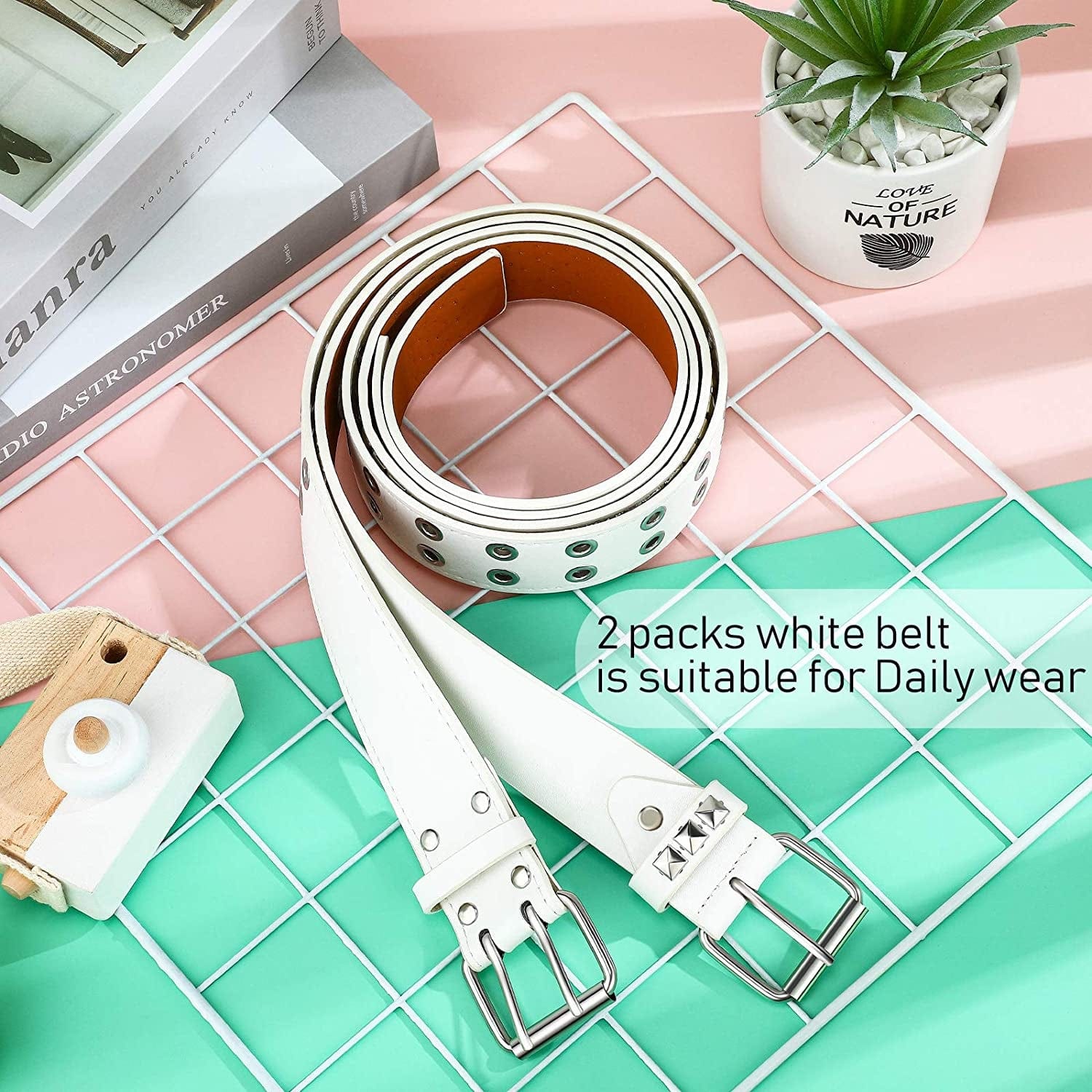 2 Pcs Rivet Studded Punk Belt Double Grommet Belt Gothic Belt for Women Men Gift Apparel & Accessories > Clothing Accessories > Belts Syhood   