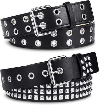 2 Pcs Rivet Studded Punk Belt Double Grommet Belt Gothic Belt for Women Men Gift Apparel & Accessories > Clothing Accessories > Belts Syhood Black  