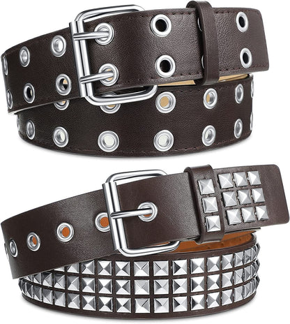 2 Pcs Rivet Studded Punk Belt Double Grommet Belt Gothic Belt for Women Men Gift Apparel & Accessories > Clothing Accessories > Belts Syhood Coffee Color  