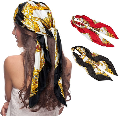 2 PCS Womens Satin Scarf Large Square Silk Feeling Head Hair Scarves Wraps for Sleeping 35 X 35 Inches Apparel & Accessories > Clothing Accessories > Bandanas & Headties Senker Fashion A-black&wine Red  