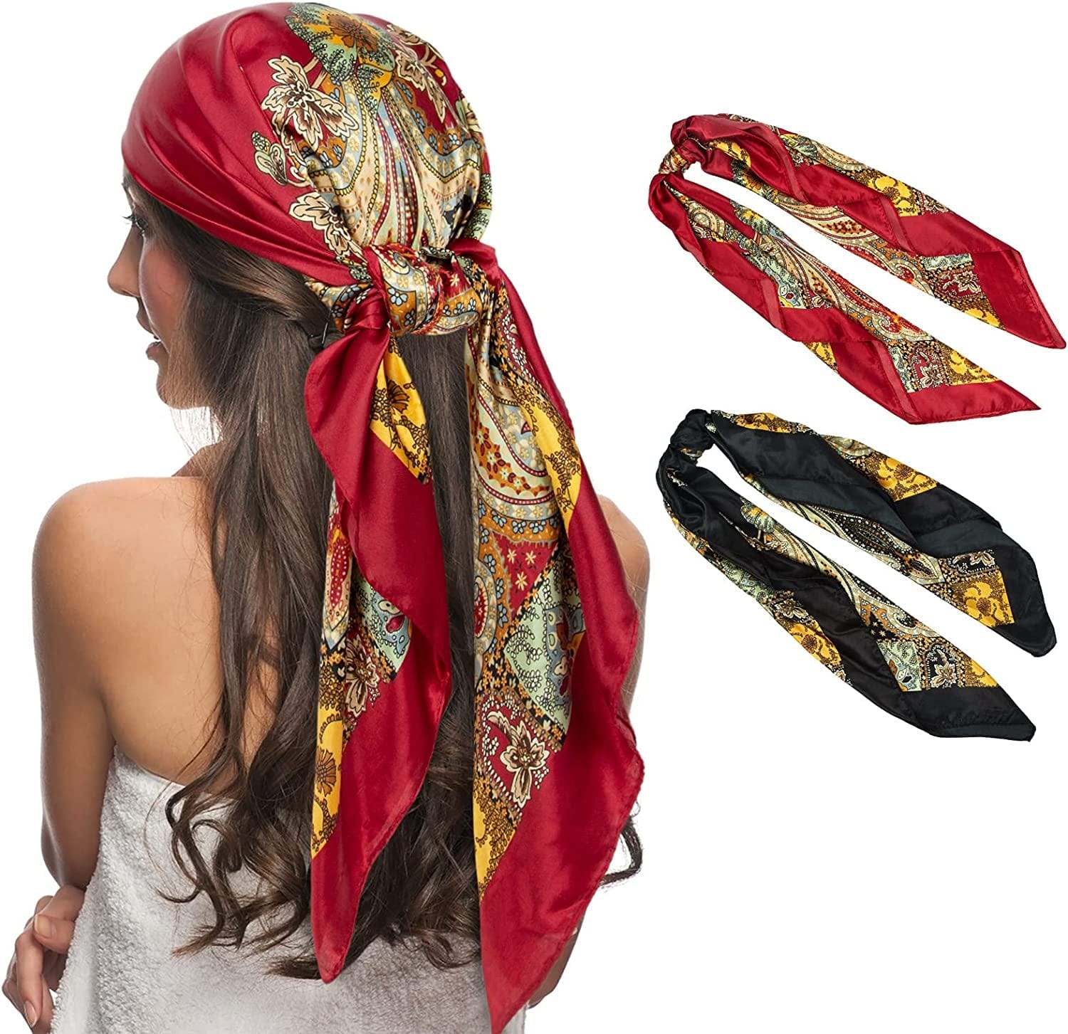 2 PCS Womens Satin Scarf Large Square Silk Feeling Head Hair Scarves Wraps for Sleeping 35 X 35 Inches Apparel & Accessories > Clothing Accessories > Bandanas & Headties Senker Fashion Black&red  