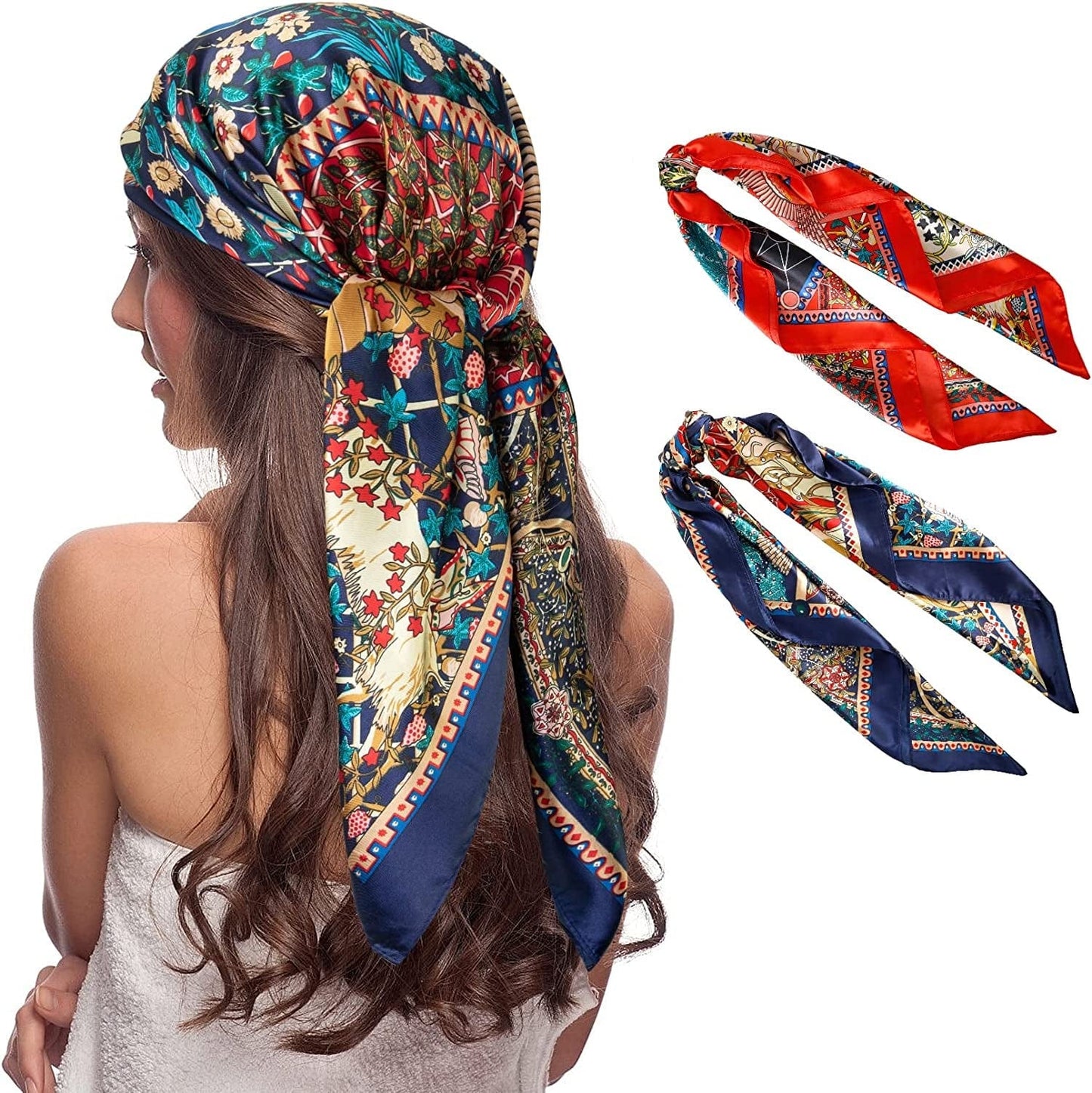 2 PCS Womens Satin Scarf Large Square Silk Feeling Head Hair Scarves Wraps for Sleeping 35 X 35 Inches Apparel & Accessories > Clothing Accessories > Bandanas & Headties Senker Fashion Turquoise&sky-blue  