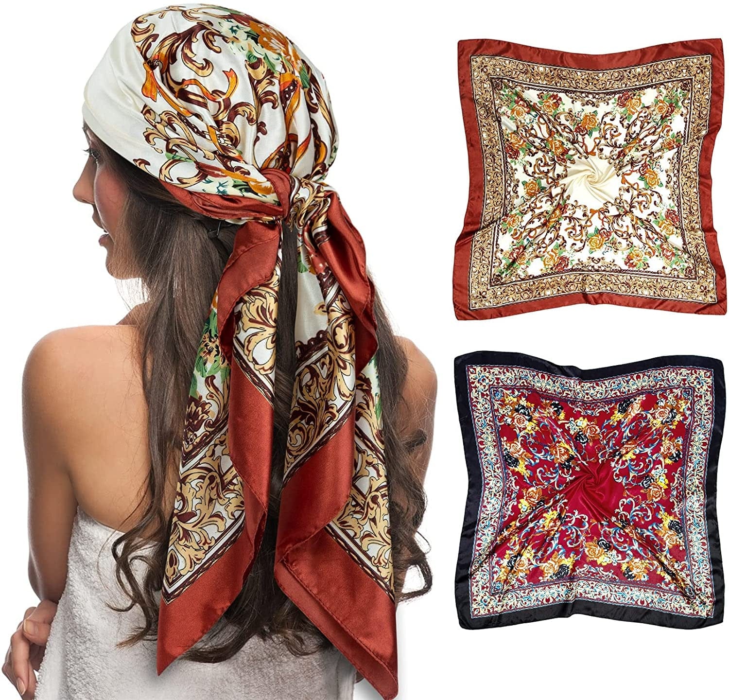 2 PCS Womens Satin Scarf Large Square Silk Feeling Head Hair Scarves Wraps for Sleeping 35 X 35 Inches Apparel & Accessories > Clothing Accessories > Bandanas & Headties Senker Fashion Metallic&black  