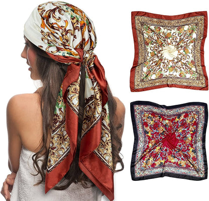 2 PCS Womens Satin Scarf Large Square Silk Feeling Head Hair Scarves Wraps for Sleeping 35 X 35 Inches Apparel & Accessories > Clothing Accessories > Bandanas & Headties Senker Fashion Metallic&black  