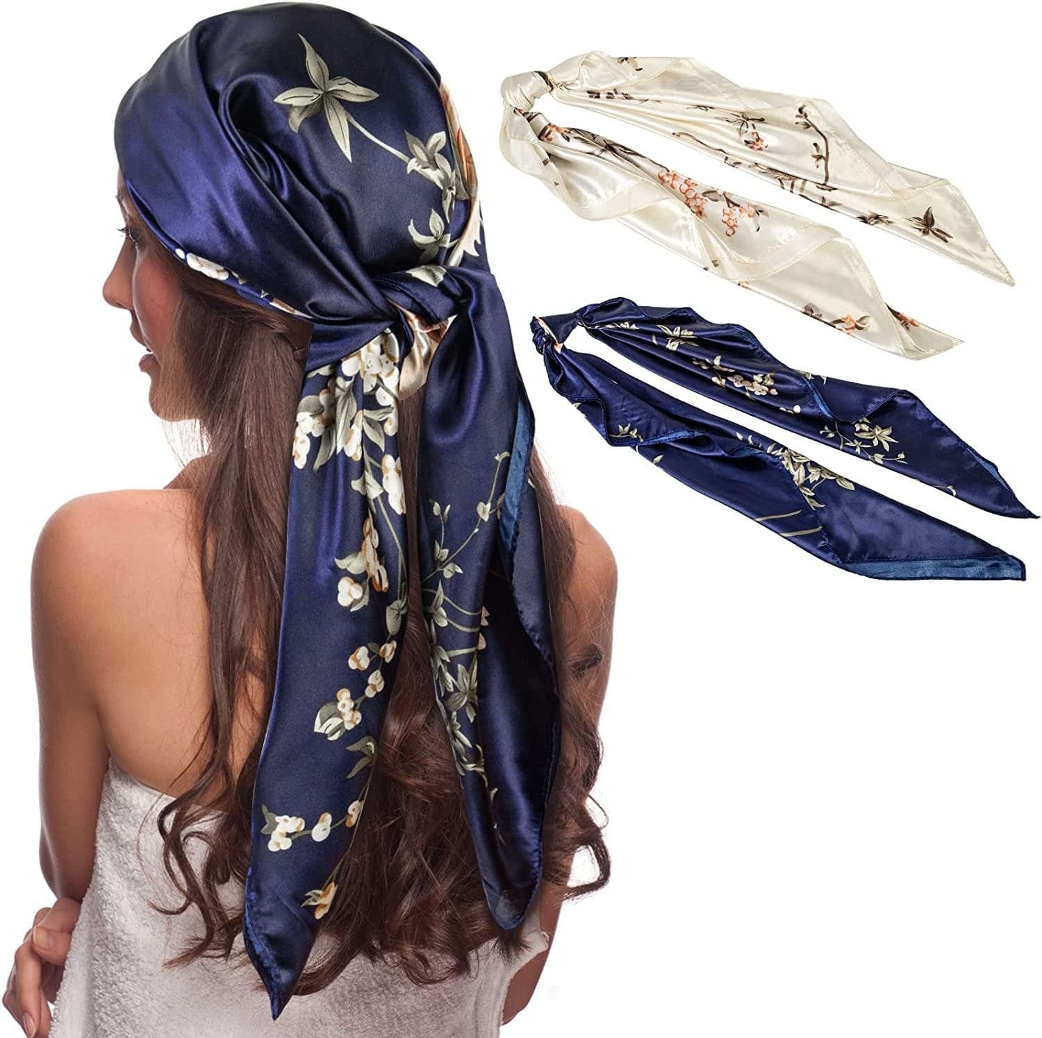 2 PCS Womens Satin Scarf Large Square Silk Feeling Head Hair Scarves Wraps for Sleeping 35 X 35 Inches,Ivory&Navy Blue Apparel & Accessories > Clothing Accessories > Bandanas & Headties Senker   