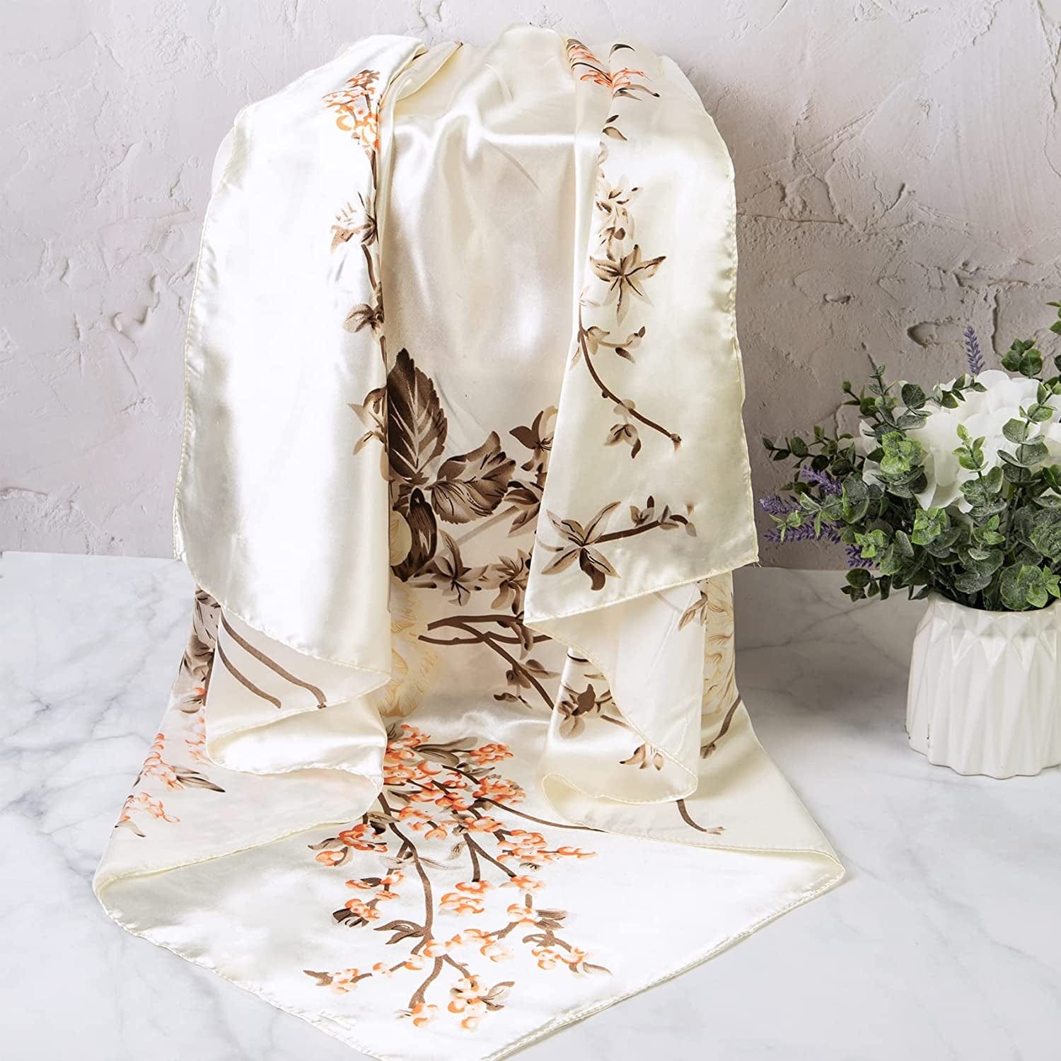 2 PCS Womens Satin Scarf Large Square Silk Feeling Head Hair Scarves Wraps for Sleeping 35 X 35 Inches,Ivory&Navy Blue Apparel & Accessories > Clothing Accessories > Bandanas & Headties Senker   