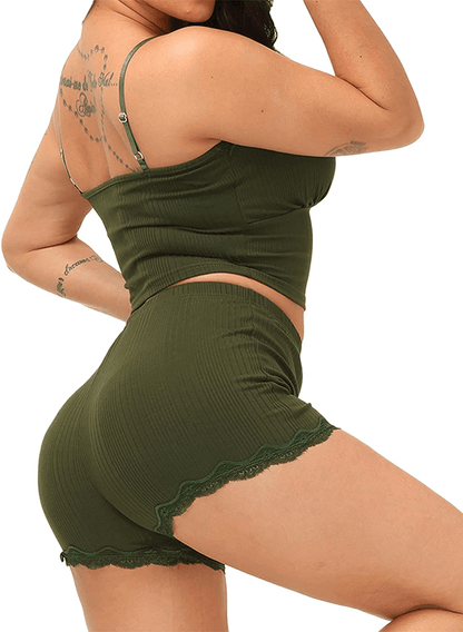 2 Piece Pajamas Set - Velvet Spaghetti Strap Sleeveless Crop Top Camisole + Shorts Set with Bowknot Apparel & Accessories > Clothing > Sleepwear & Loungewear Kylie Max   