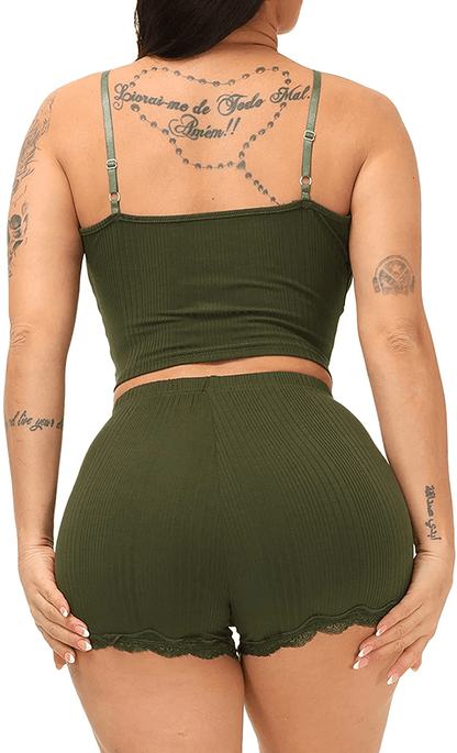 2 Piece Pajamas Set - Velvet Spaghetti Strap Sleeveless Crop Top Camisole + Shorts Set with Bowknot Apparel & Accessories > Clothing > Sleepwear & Loungewear Kylie Max   