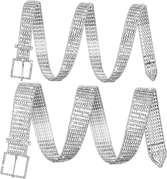 2 Pieces 5-8 Rows Women Rhinestone Belts Shiny Waist Belts Wide Belt Bling Glitter Chain Waistband for Jeans Dresses Pants Apparel & Accessories > Clothing Accessories > Belts Geyoga   