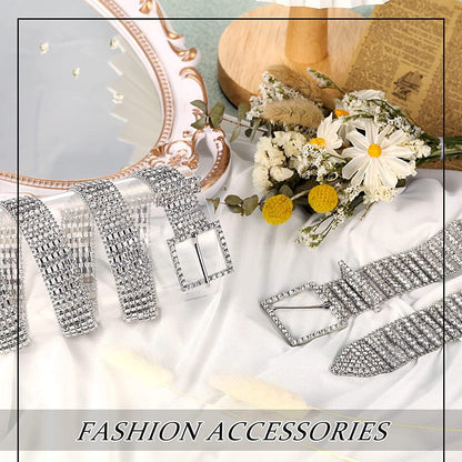 2 Pieces 5-8 Rows Women Rhinestone Belts Shiny Waist Belts Wide Belt Bling Glitter Chain Waistband for Jeans Dresses Pants Apparel & Accessories > Clothing Accessories > Belts Geyoga   