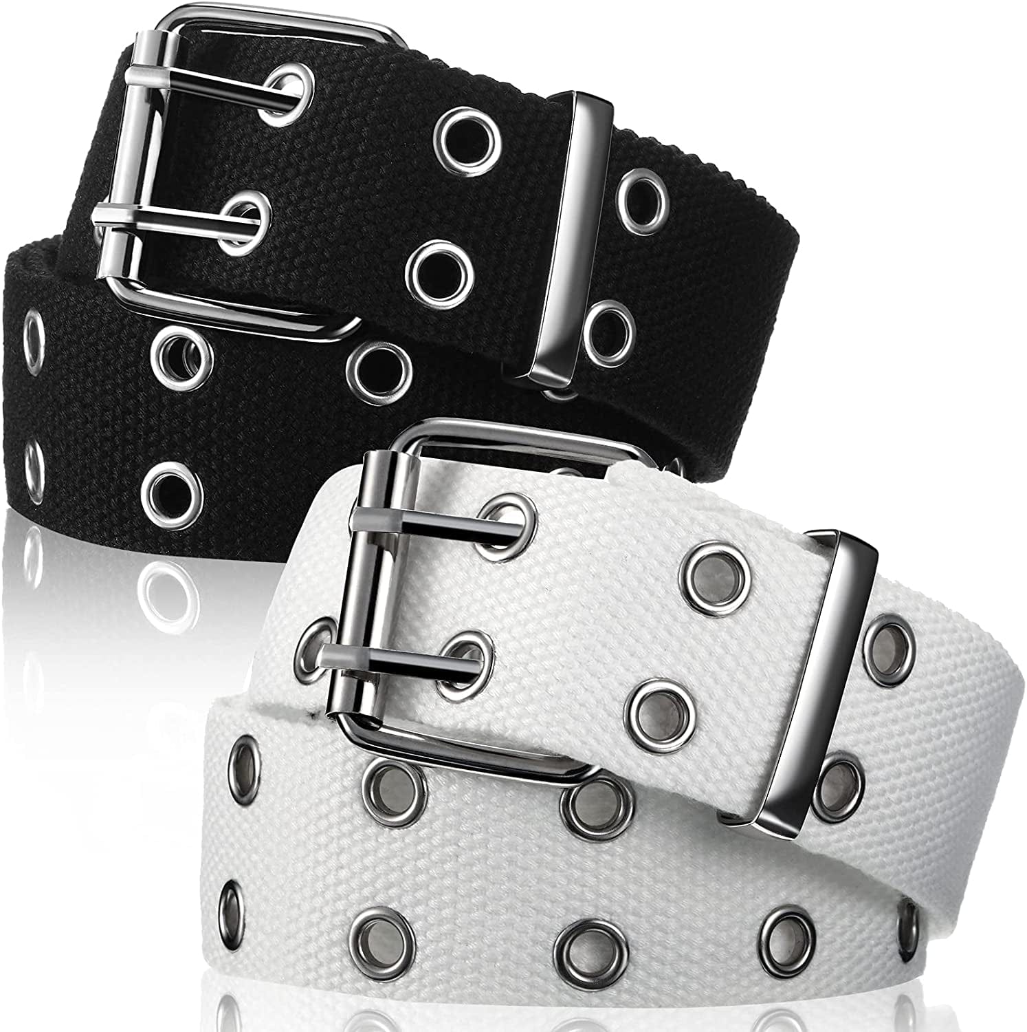2 Pieces Double Grommet Canvas Belts Two-Hole Jeans Vintage Buckle Punk Belts for Men and Women Apparel & Accessories > Clothing Accessories > Belts Geyoga White and Black 130 cm 