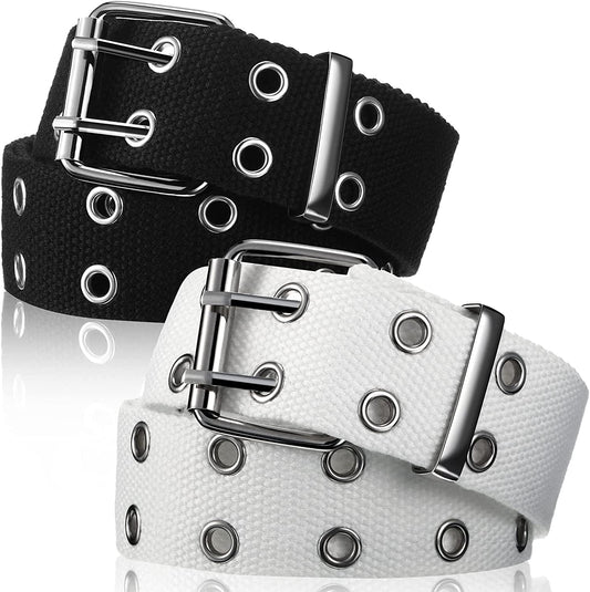 2 Pieces Double Grommet Canvas Belts Two-Hole Jeans Vintage Buckle Punk Belts for Men and Women Apparel & Accessories > Clothing Accessories > Belts Geyoga White and Black 130 cm 