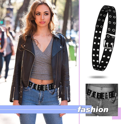 2 Pieces Double Grommet Canvas Belts Two-Hole Jeans Vintage Buckle Punk Belts for Men and Women Apparel & Accessories > Clothing Accessories > Belts Geyoga   