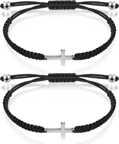 2 Pieces Friendship Cross Bracelet Black String Rope Braided Bracelet Cross Charm Adjustable Handmade Matching Couple Bracelets for Women Men Brother Kabbalah Strand Lucky BFF Bracelets Apparel & Accessories > Jewelry > Bracelets Sureio Black  