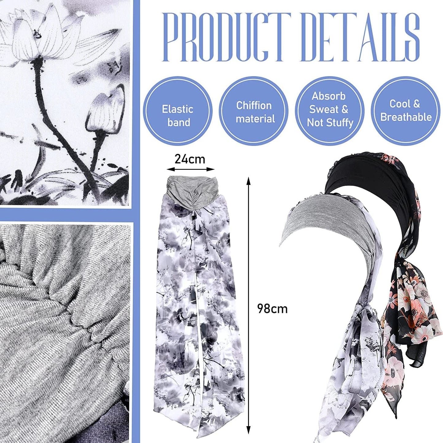 2 Pieces Headwear Silky Women Turbans Long Hair Head Scarf Sleep Beanie Head Scarf Headwraps for Women Apparel & Accessories > Clothing Accessories > Headwear Geyoga   