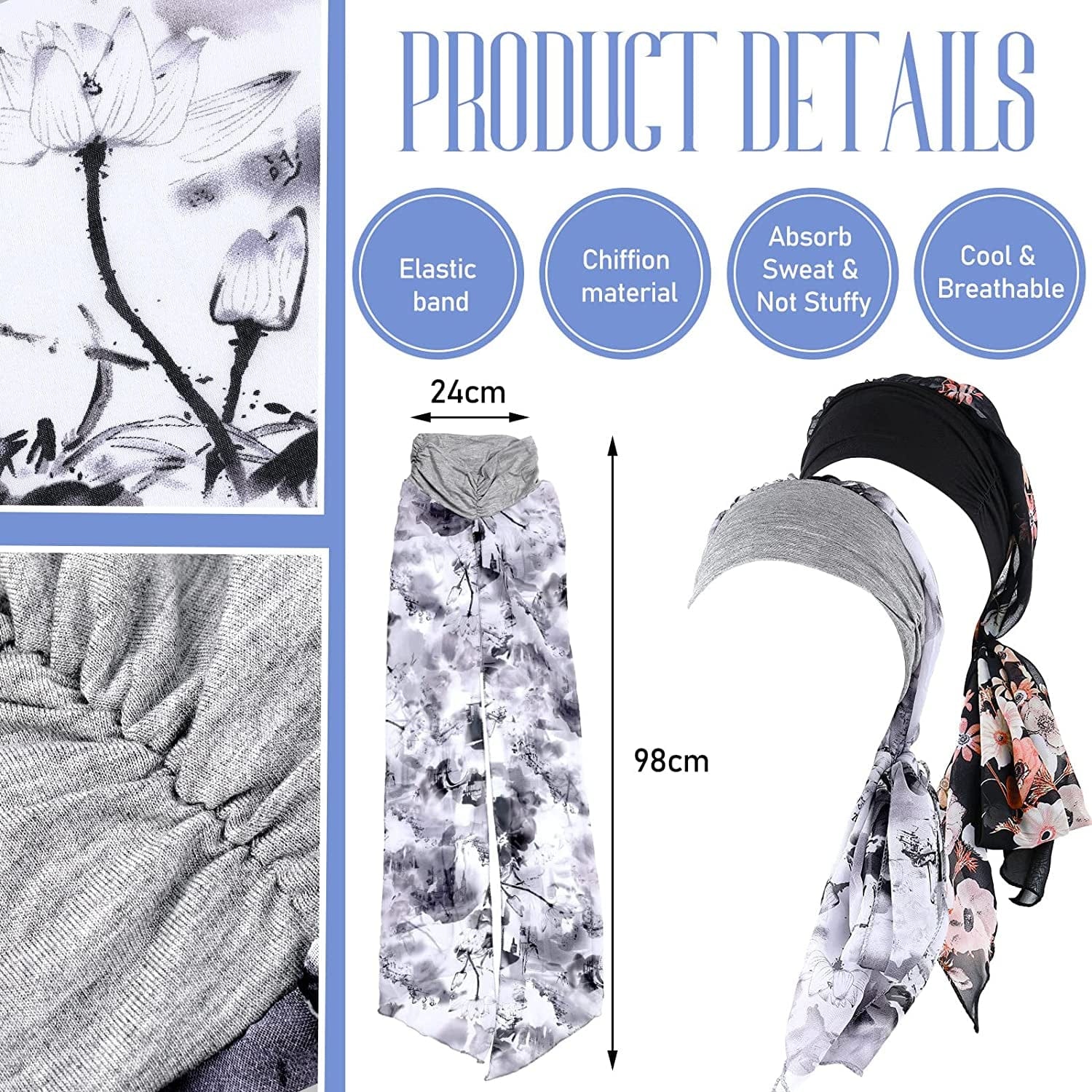 2 Pieces Headwear Silky Women Turbans Long Hair Head Scarf Sleep Beanie Head Scarf Headwraps for Women Apparel & Accessories > Clothing Accessories > Headwear Geyoga   