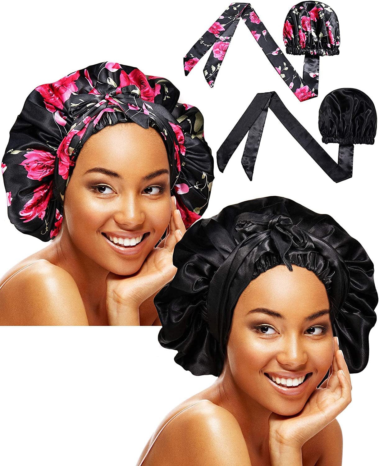 2 Pieces Soft Satin Head Scarf Sleeping Cap Bonnet Headwear Head Wrap Turbans for Women Long Curly Hair, Braids Apparel & Accessories > Clothing Accessories > Headwear Syhood Chic Pattern  