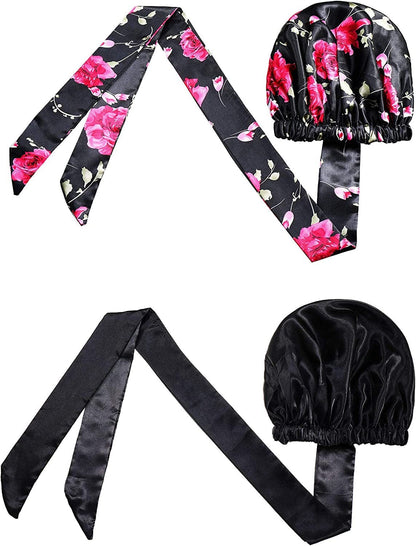 2 Pieces Soft Satin Head Scarf Sleeping Cap Bonnet Headwear Head Wrap Turbans for Women Long Curly Hair, Braids Apparel & Accessories > Clothing Accessories > Headwear Syhood   