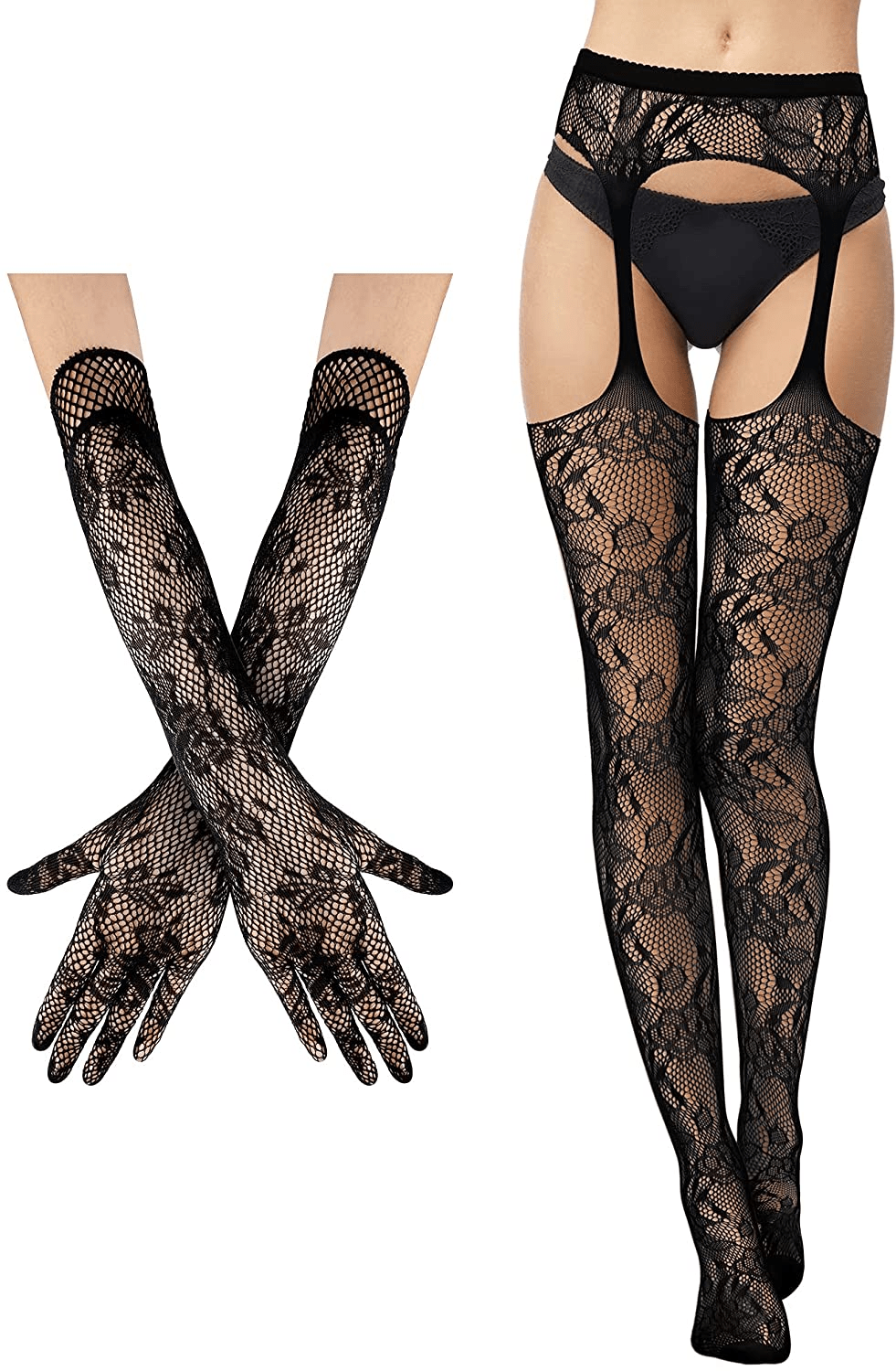 2 Pieces Suspender Pantyhose Long Floral Lace Gloves Stocking Fishnet Tights Garter Belt Stockings for Women, Black Apparel & Accessories > Clothing > Underwear & Socks > Lingerie Geyoga Classic Style Medium 