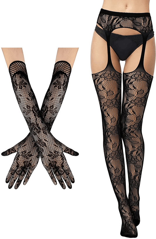 2 Pieces Suspender Pantyhose Long Floral Lace Gloves Stocking Fishnet Tights Garter Belt Stockings for Women, Black Apparel & Accessories > Clothing > Underwear & Socks > Lingerie Geyoga Classic Style Medium 