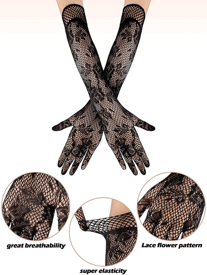 2 Pieces Suspender Pantyhose Long Floral Lace Gloves Stocking Fishnet Tights Garter Belt Stockings for Women, Black Apparel & Accessories > Clothing > Underwear & Socks > Lingerie Geyoga   