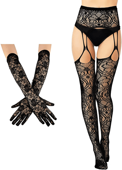 2 Pieces Suspender Pantyhose Long Floral Lace Gloves Stocking Fishnet Tights Garter Belt Stockings for Women, Black Apparel & Accessories > Clothing > Underwear & Socks > Lingerie Geyoga Delicate Style Medium 