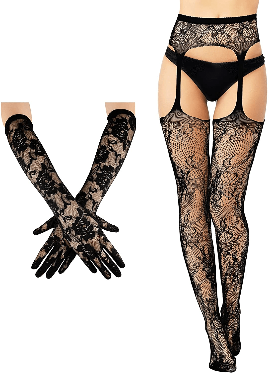 2 Pieces Suspender Pantyhose Long Floral Lace Gloves Stocking Fishnet Tights Garter Belt Stockings for Women, Black Apparel & Accessories > Clothing > Underwear & Socks > Lingerie Geyoga Stylish Style Medium 