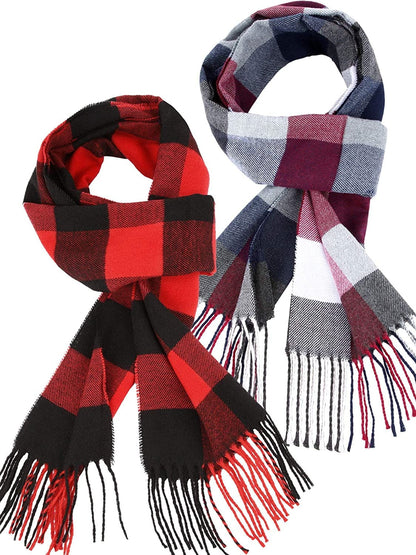 2 Pieces Women Buffalo Plaid Scarf Winter Buffalo Check Scarves Warm Blanket Scarf Plaid Wrap Shawl Apparel & Accessories > Clothing Accessories > Scarves & Shawls SATINIOR Red Black, Red Gray  