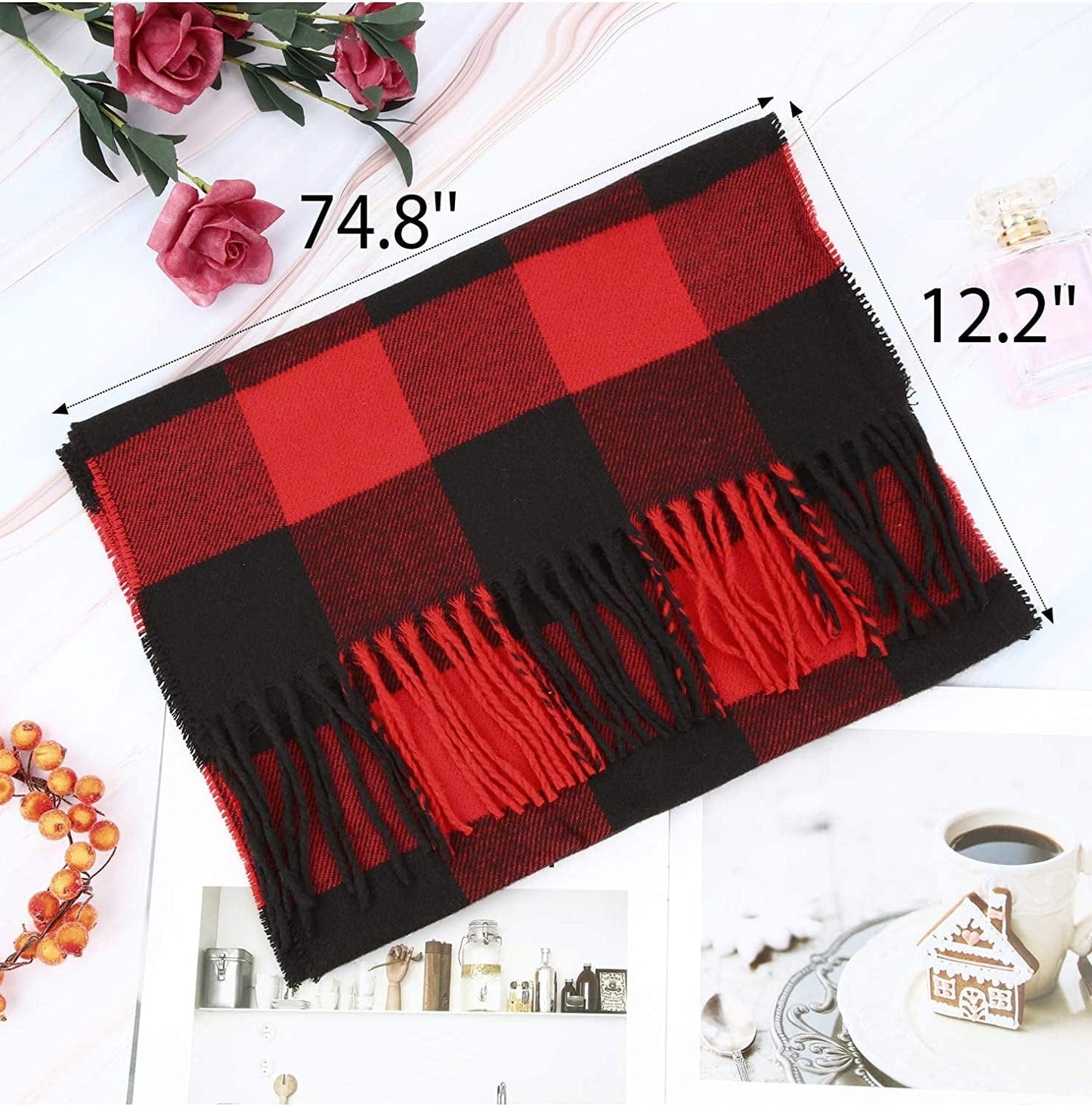 2 Pieces Women Buffalo Plaid Scarf Winter Buffalo Check Scarves Warm Blanket Scarf Plaid Wrap Shawl Apparel & Accessories > Clothing Accessories > Scarves & Shawls SATINIOR   