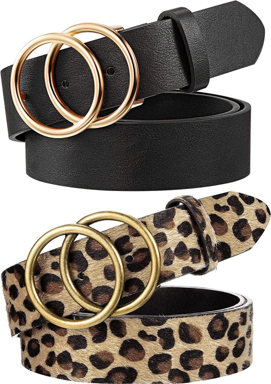 2 Pieces Women Leather Belt Faux Leather Waist Belts with Double O-Ring Buckle (Black and Leopard, Small) Apparel & Accessories > Clothing Accessories > Belts Syhood   
