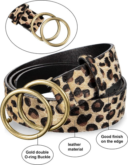 2 Pieces Women Leather Belt Faux Leather Waist Belts with Double O-Ring Buckle (Black and Leopard, Small) Apparel & Accessories > Clothing Accessories > Belts Syhood   