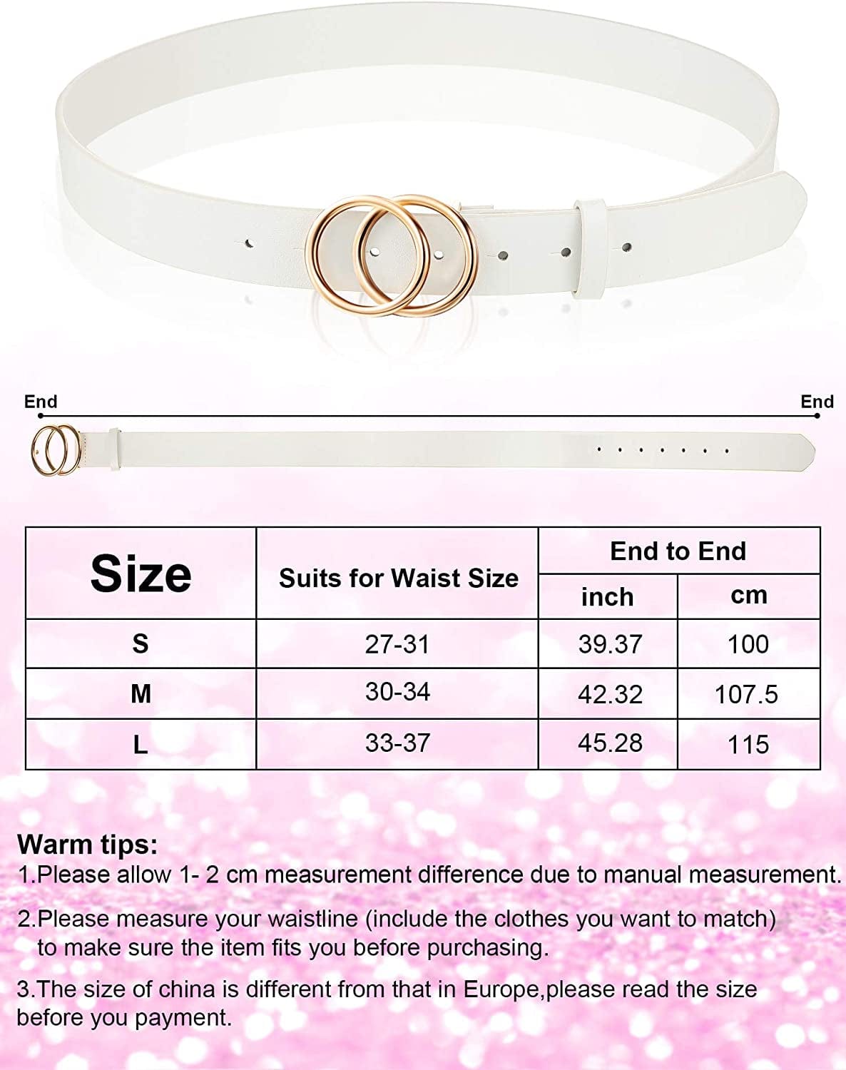 2 Pieces Women Leather Belt Faux Leather Waist Belts with Double O-Ring Buckle (Black and White, M: Fits Waist from 30"-34") Apparel & Accessories > Clothing Accessories > Belts Syhood   