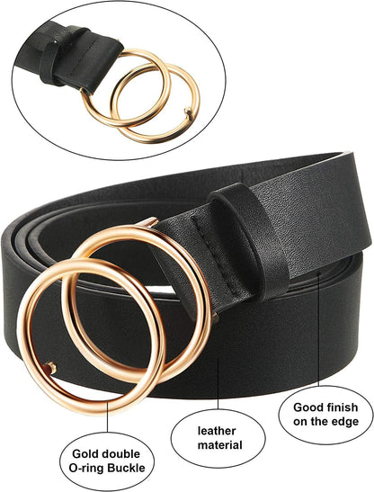 2 Pieces Women Leather Belt Faux Leather Waist Belts with Double O-Ring Buckle (Black and White, M: Fits Waist from 30"-34") Apparel & Accessories > Clothing Accessories > Belts Syhood   