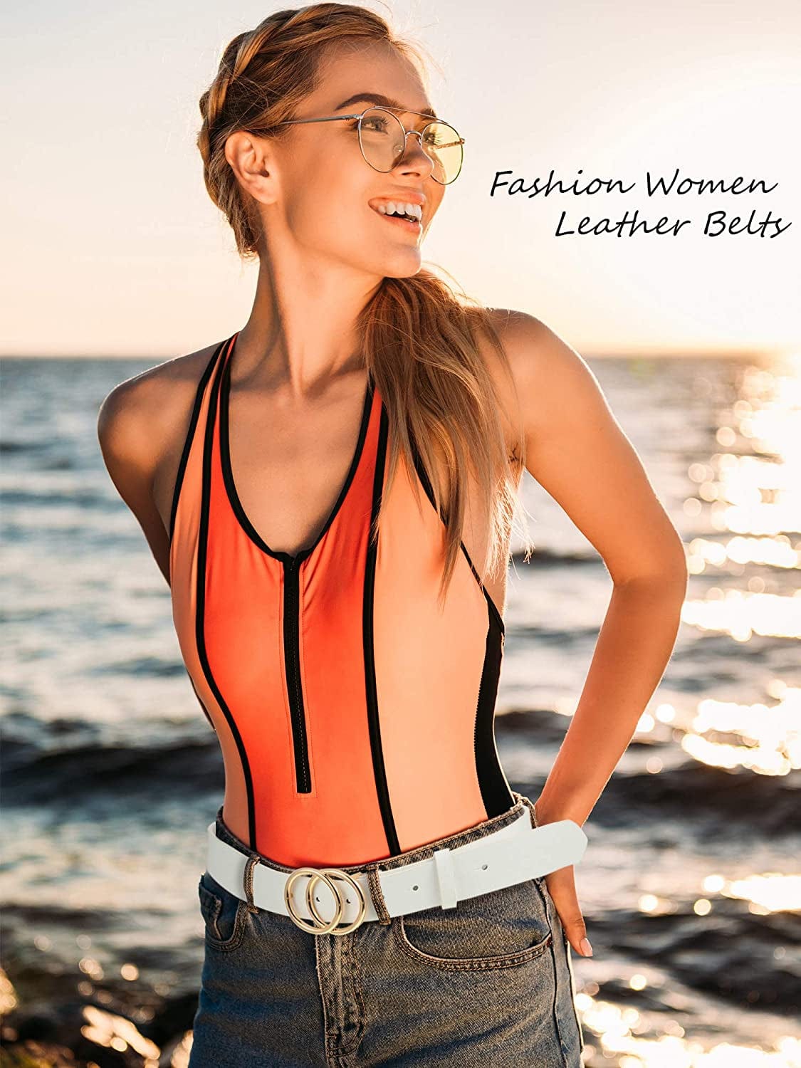 2 Pieces Women Leather Belt Faux Leather Waist Belts with Double O-Ring Buckle (Black and White, M: Fits Waist from 30"-34") Apparel & Accessories > Clothing Accessories > Belts Syhood   