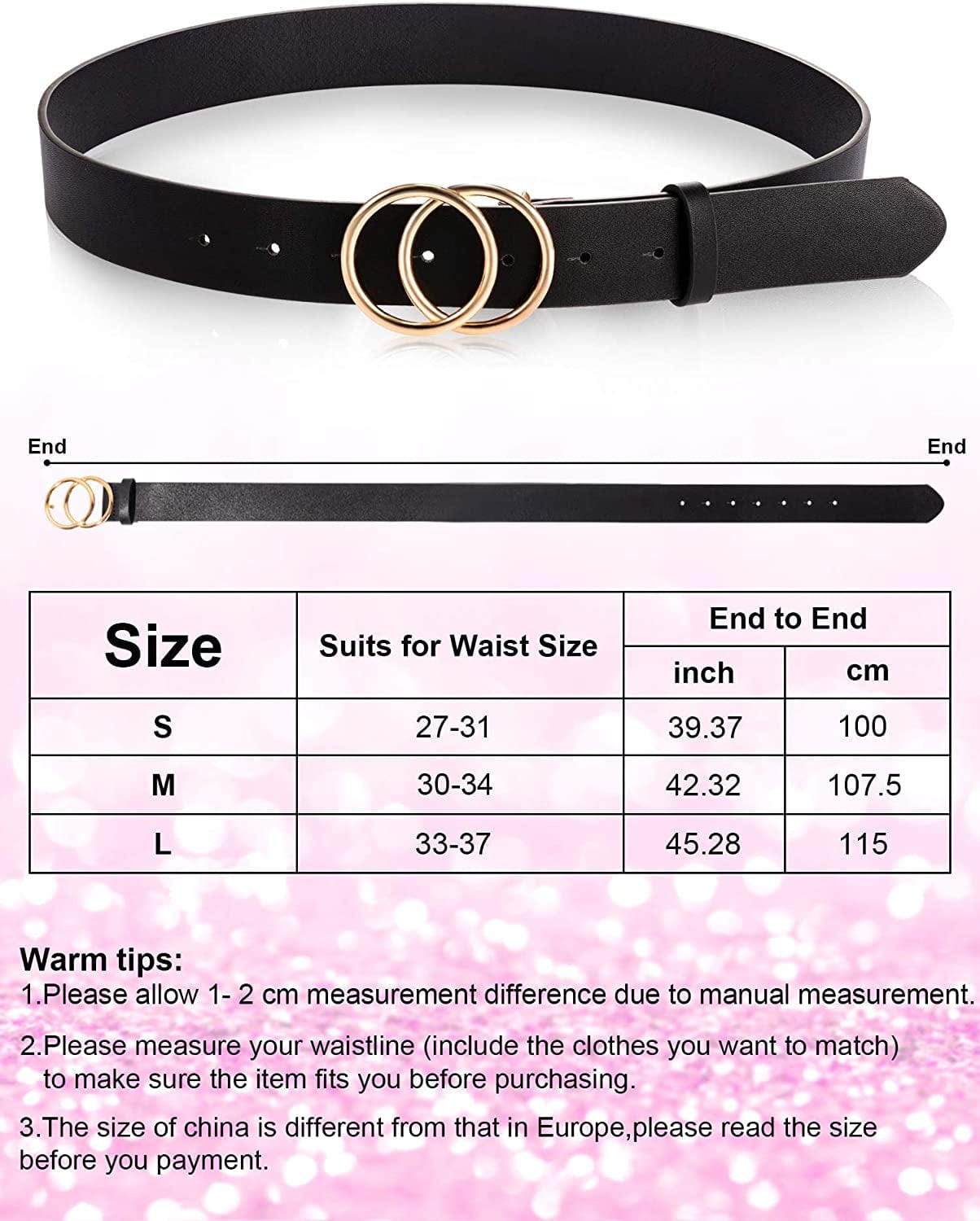 2 Pieces Women Leather Belt Faux Leather Waist Belts with Double O-Ring Buckle (Color Set 3, M) Apparel & Accessories > Clothing Accessories > Belts Syhood   