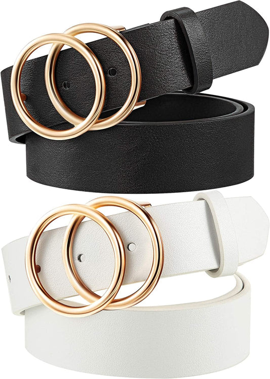 2 Pieces Women Leather Belt Soft Faux Leather Jeans Belt Waist Belts for Jeans Dress with Double O-Ring Buckle Apparel & Accessories > Clothing Accessories > Belts Syhood Black and White S: fits waist from 27-31 Inch 
