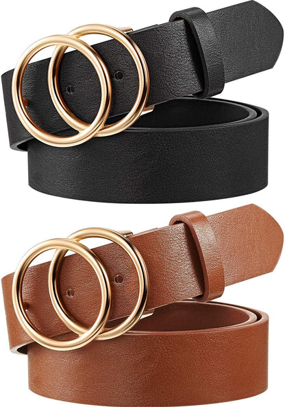 2 Pieces Women Leather Belt Soft Faux Leather Jeans Belt Waist Belts for Jeans Dress with Double O-Ring Buckle Apparel & Accessories > Clothing Accessories > Belts Syhood Black and Brown S: fits waist from 27-31 Inch 