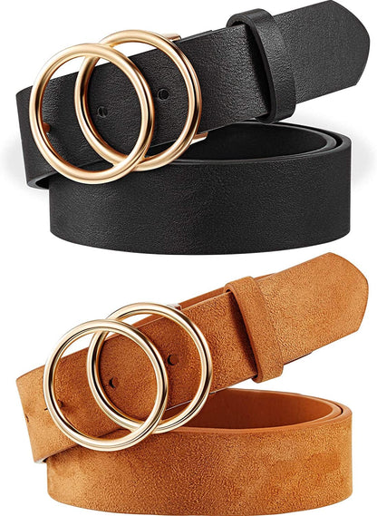2 Pieces Women Leather Belt Soft Faux Leather Jeans Belt Waist Belts for Jeans Dress with Double O-Ring Buckle Apparel & Accessories > Clothing Accessories > Belts Syhood Black and Khaki L: fits waist from 33-37 Inch 
