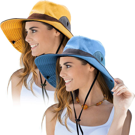 2 Pieces Women'S Outdoor Sun Hat UV Protection Foldable Mesh Wide Brim Beach Fishing Cap Apparel & Accessories > Clothing Accessories > Hats Norme Blue, Yellow  