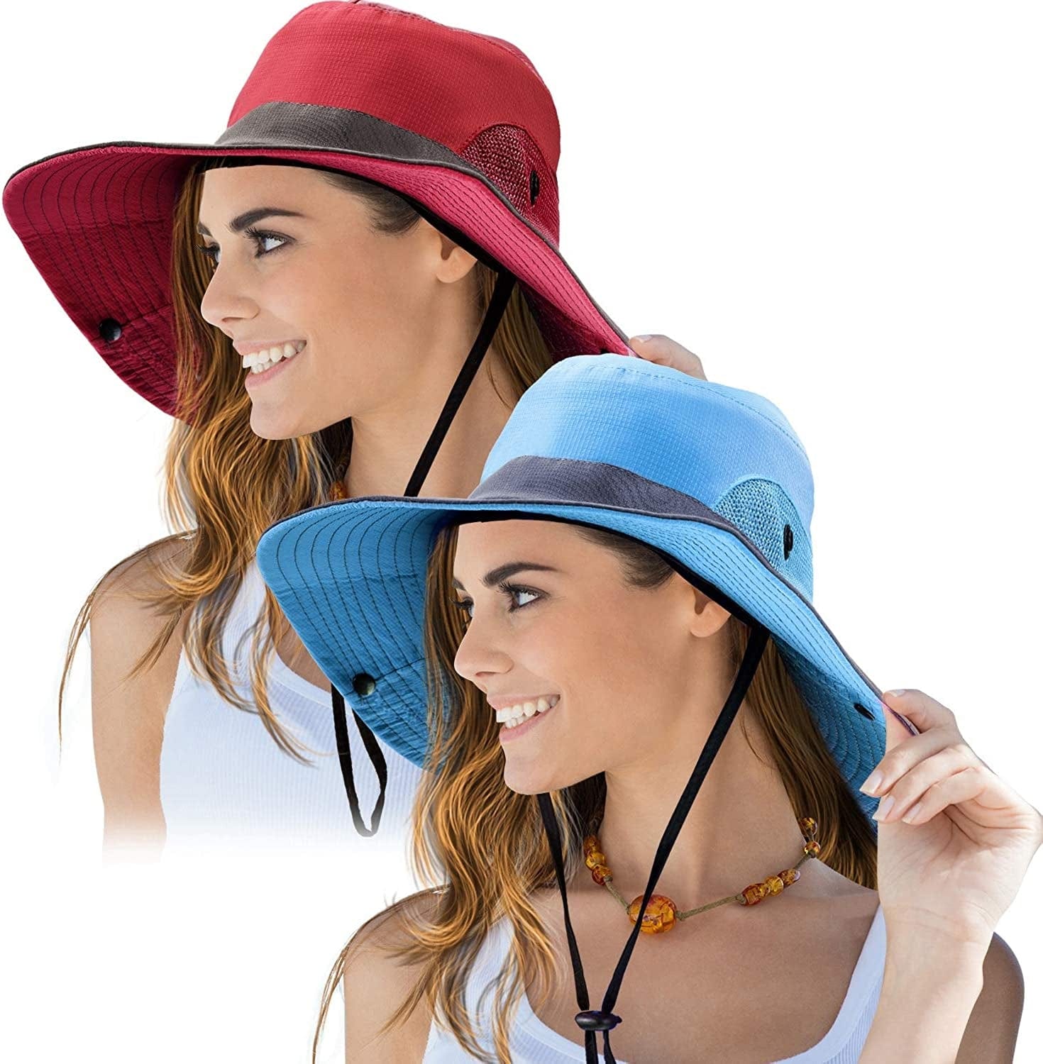 2 Pieces Women'S Outdoor Sun Hat UV Protection Foldable Mesh Wide Brim Beach Fishing Cap Apparel & Accessories > Clothing Accessories > Hats Norme Red, Blue  