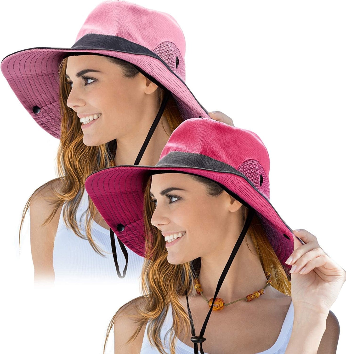 2 Pieces Women'S Outdoor Sun Hat UV Protection Foldable Mesh Wide Brim Beach Fishing Cap Apparel & Accessories > Clothing Accessories > Hats Norme Watermelon Red, Pink  