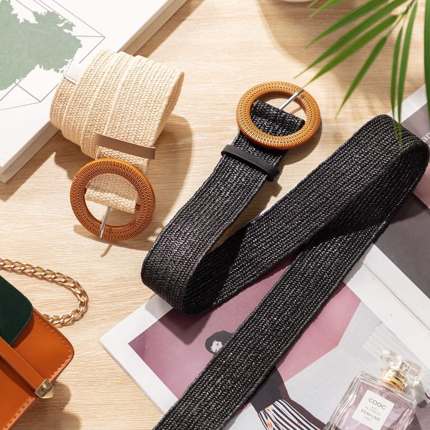 2 Pieces Women Straw Woven Elastic Stretch Waist Belt Skinny Dress Braided Waist Belt with Wooden Style Buckle Apparel & Accessories > Clothing Accessories > Belts SATINIOR   