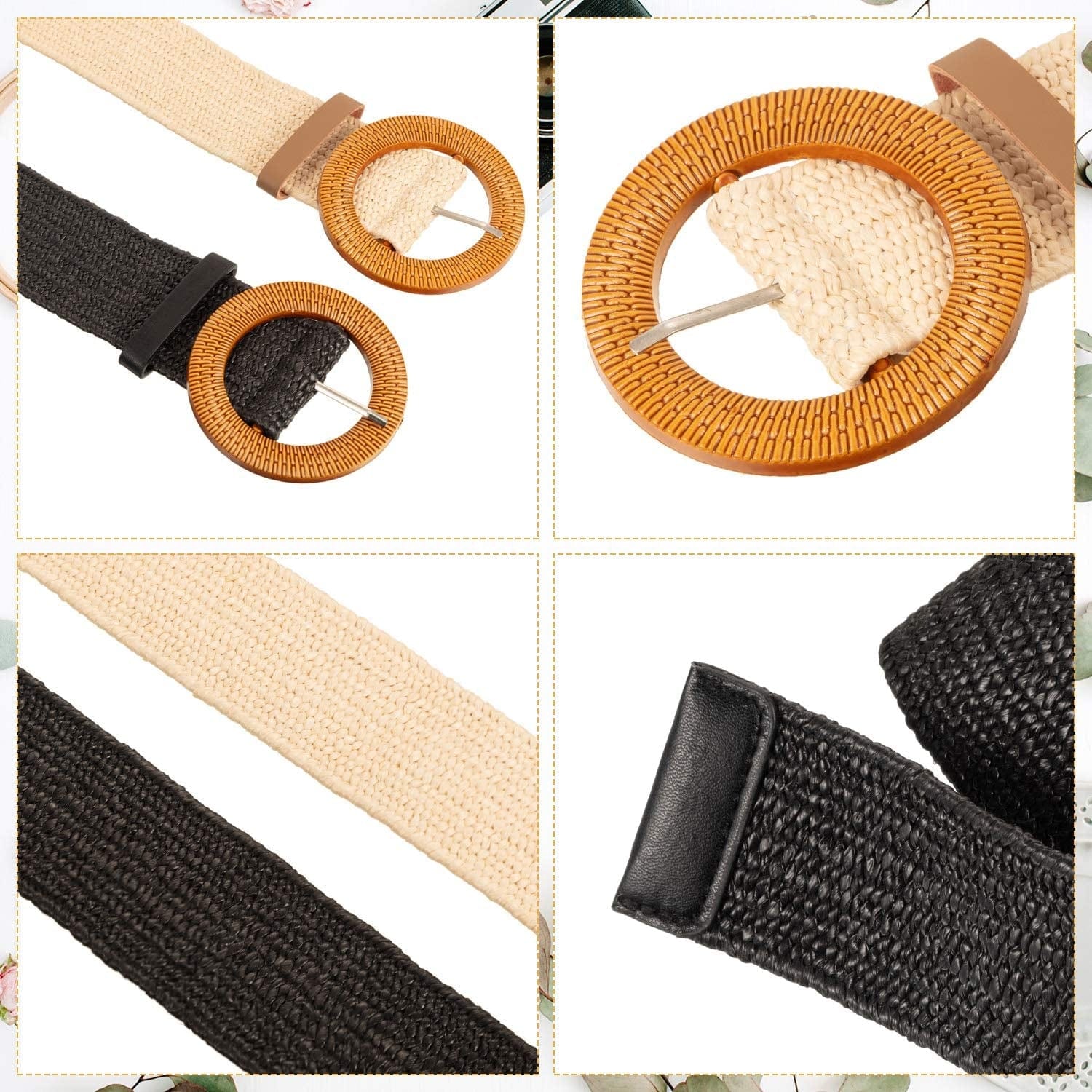 2 Pieces Women Straw Woven Elastic Stretch Waist Belt Skinny Dress Braided Waist Belt with Wooden Style Buckle Apparel & Accessories > Clothing Accessories > Belts SATINIOR   