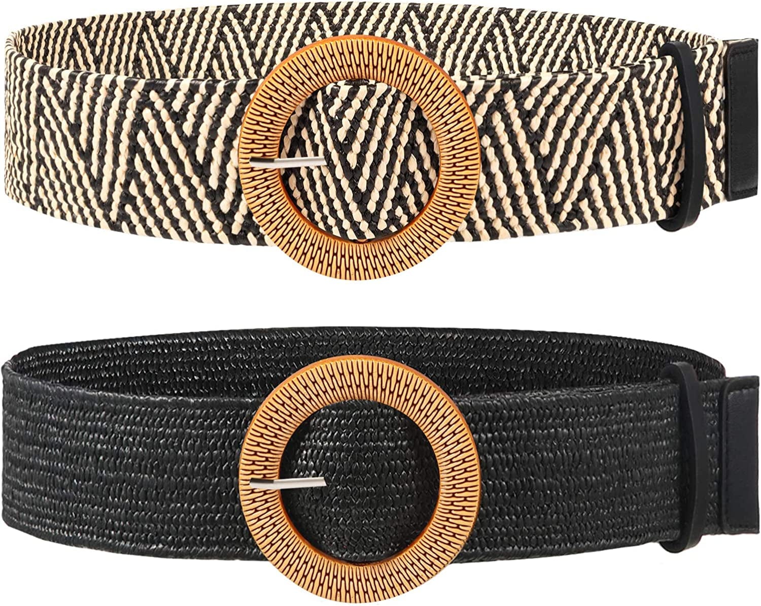2 Pieces Women Straw Woven Elastic Stretch Waist Belt Skinny Dress Braided Waist Belt with Wooden Style Buckle Apparel & Accessories > Clothing Accessories > Belts SATINIOR Black and Stripe Color 39.37 Inches 