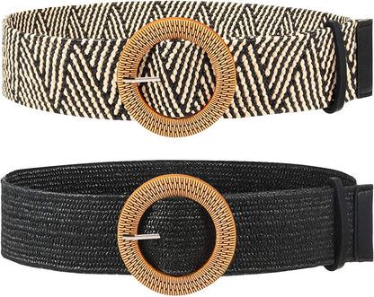 2 Pieces Women Straw Woven Elastic Stretch Waist Belt Skinny Dress Braided Waist Belt with Wooden Style Buckle Apparel & Accessories > Clothing Accessories > Belts SATINIOR Black and Stripe Color 39.37 Inches 