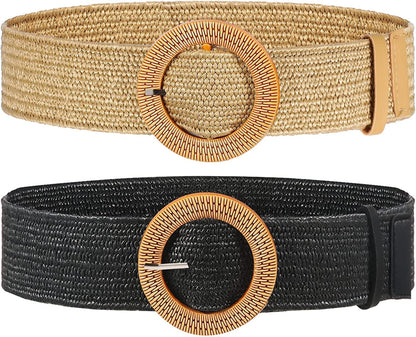 2 Pieces Women Straw Woven Elastic Stretch Waist Belt Skinny Dress Braided Waist Belt with Wooden Style Buckle Apparel & Accessories > Clothing Accessories > Belts SATINIOR Black and Natural 41.34 Inches 